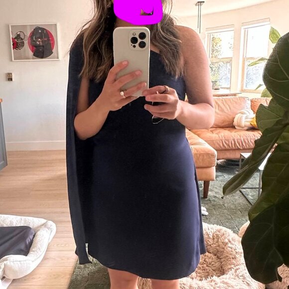 Mango Dark Blue One-Shoulder Cape Dress (Size Small) - Picture 2 of 6